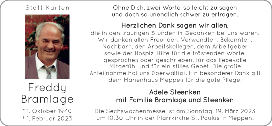 Traueranzeige von Freddy Bramlage von Neue Osnabrücker Zeitung GmbH & Co. KG