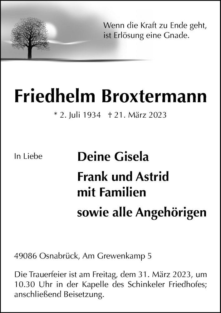  Traueranzeige für Friedhelm Broxtermann vom 25.03.2023 aus Neue Osnabrücker Zeitung GmbH & Co. KG