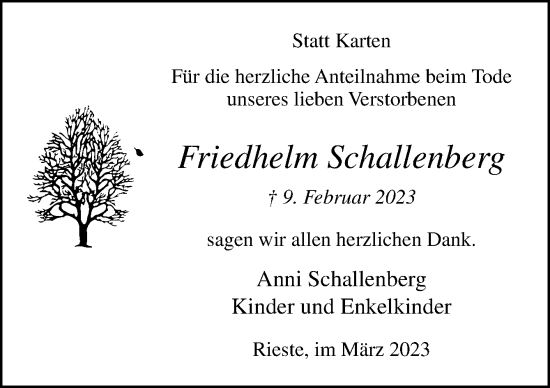 Traueranzeige von Friedhelm Schallenberg von Neue Osnabrücker Zeitung GmbH & Co. KG
