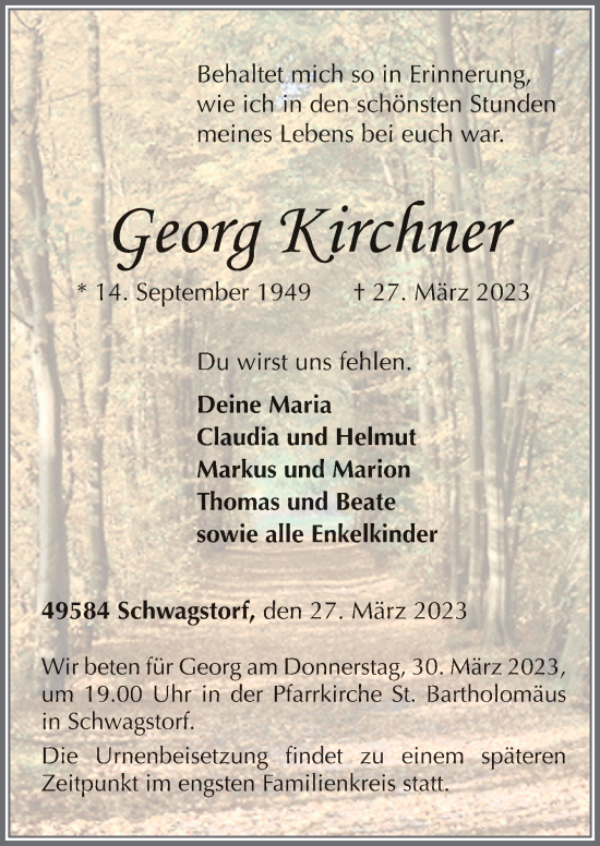 Traueranzeige von Georg Kirchner von Neue Osnabrücker Zeitung GmbH & Co. KG