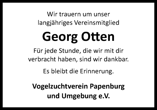 Traueranzeige von Georg Otten von Neue Osnabrücker Zeitung GmbH & Co. KG