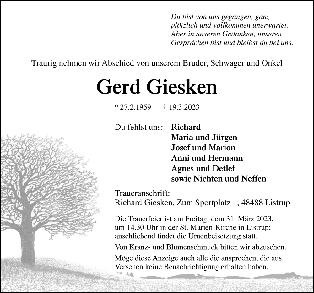  Traueranzeige für Gerd Giesken vom 25.03.2023 aus Neue Osnabrücker Zeitung GmbH & Co. KG