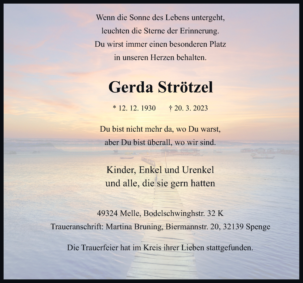  Traueranzeige für Gerda Strötzel vom 25.03.2023 aus Neue Osnabrücker Zeitung GmbH & Co. KG