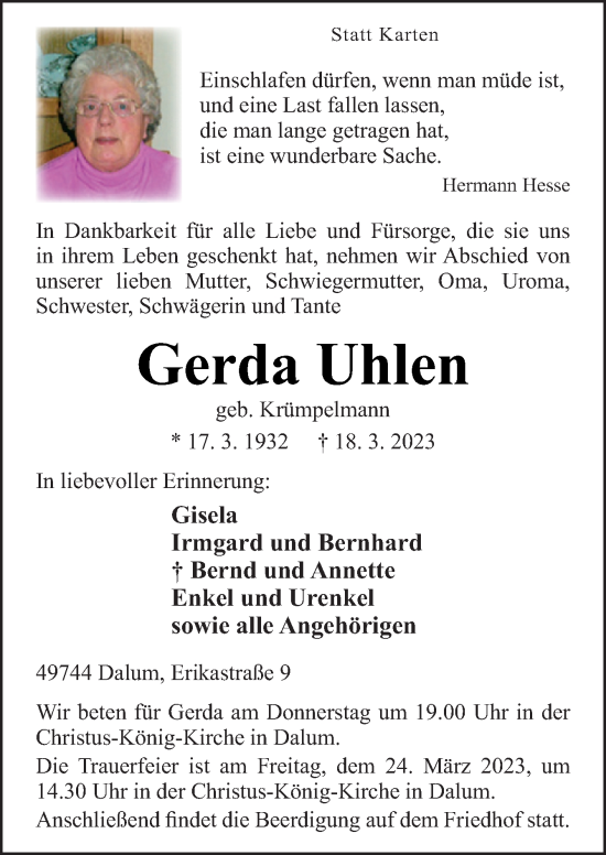 Traueranzeige von Gerda Uhlen von Neue Osnabrücker Zeitung GmbH & Co. KG