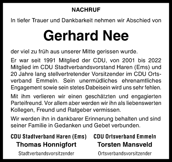 Traueranzeige von Gerhard Nee von Neue Osnabrücker Zeitung GmbH & Co. KG