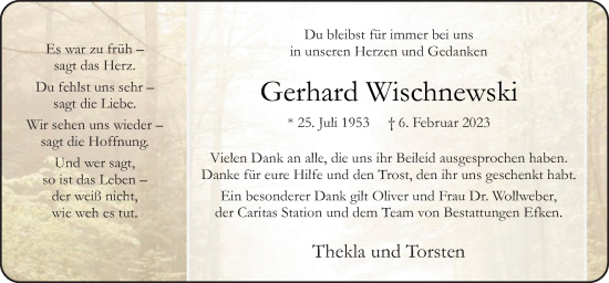 Traueranzeige von Gerhard Wischnewski von Neue Osnabrücker Zeitung GmbH & Co. KG