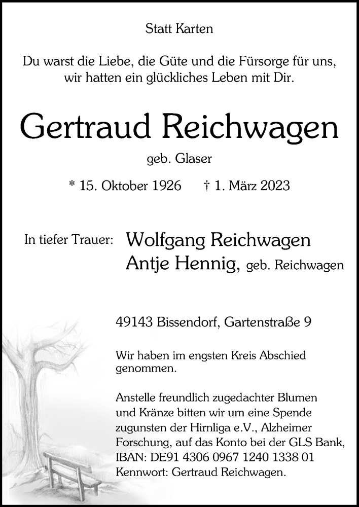  Traueranzeige für Gertraud Reichwagen vom 18.03.2023 aus Neue Osnabrücker Zeitung GmbH & Co. KG