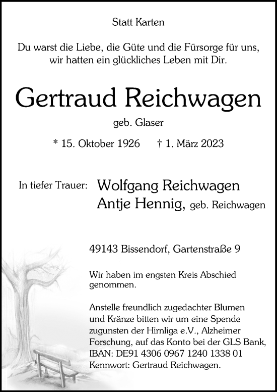 Traueranzeige von Gertraud Reichwagen von Neue Osnabrücker Zeitung GmbH & Co. KG