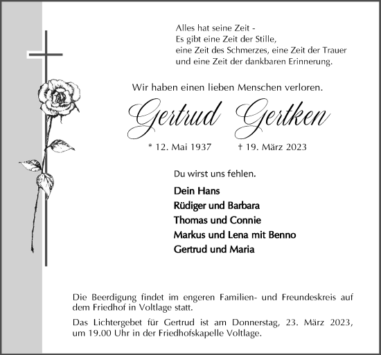 Traueranzeige von Gertrud Gertken von Neue Osnabrücker Zeitung GmbH & Co. KG