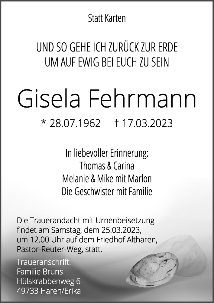  Traueranzeige für Gisela Fehrmann vom 23.03.2023 aus Neue Osnabrücker Zeitung GmbH & Co. KG