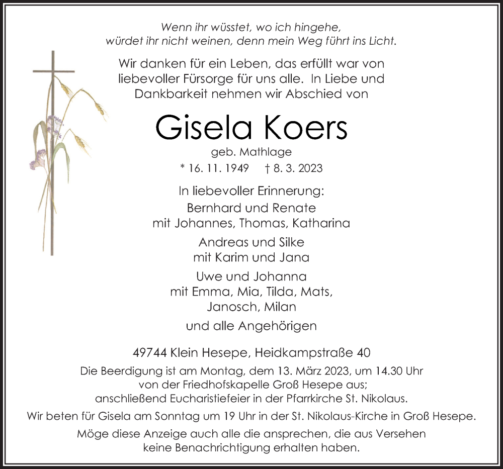  Traueranzeige für Gisela Koers vom 10.03.2023 aus Neue Osnabrücker Zeitung GmbH & Co. KG