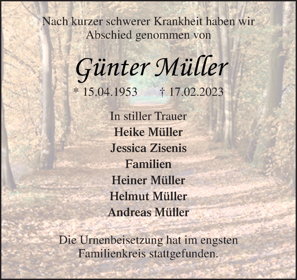  Traueranzeige für Günter Müller vom 18.03.2023 aus Neue Osnabrücker Zeitung GmbH & Co. KG