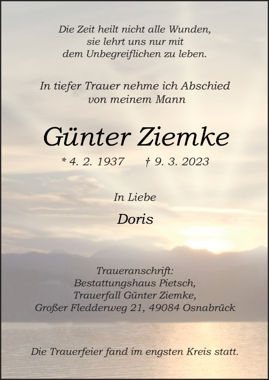 Traueranzeige von Günter Ziemke von Neue Osnabrücker Zeitung GmbH & Co. KG