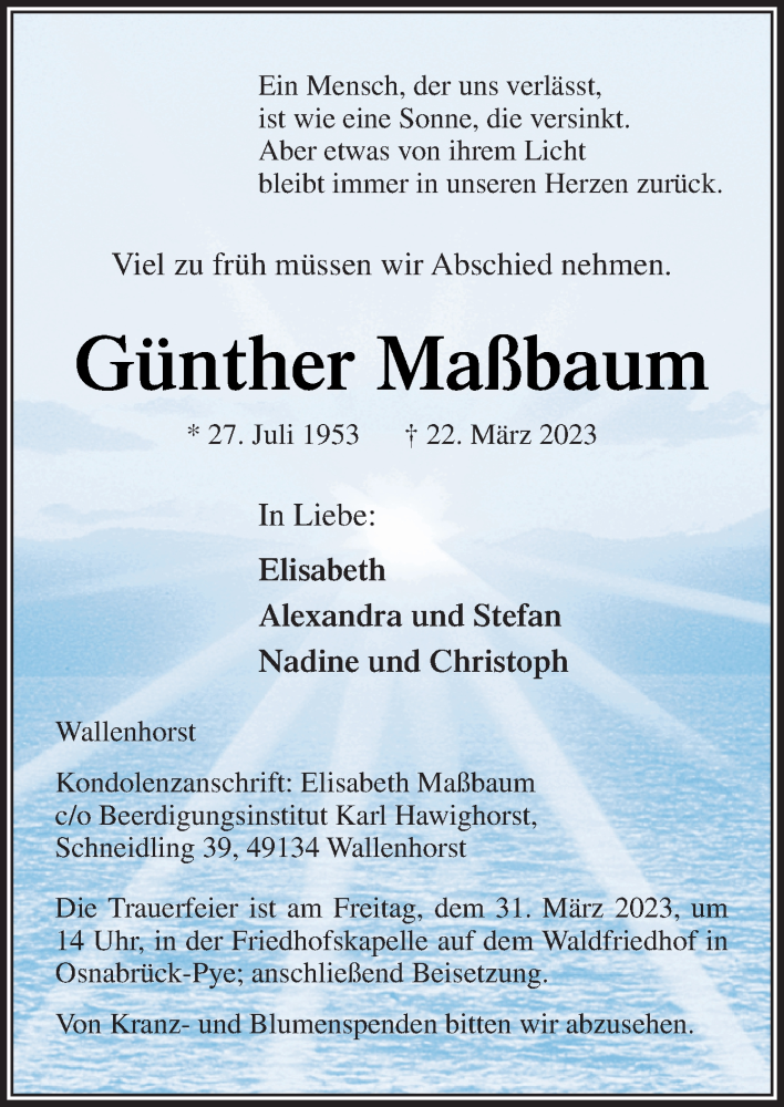  Traueranzeige für Günther Maßbaum vom 25.03.2023 aus Neue Osnabrücker Zeitung GmbH & Co. KG