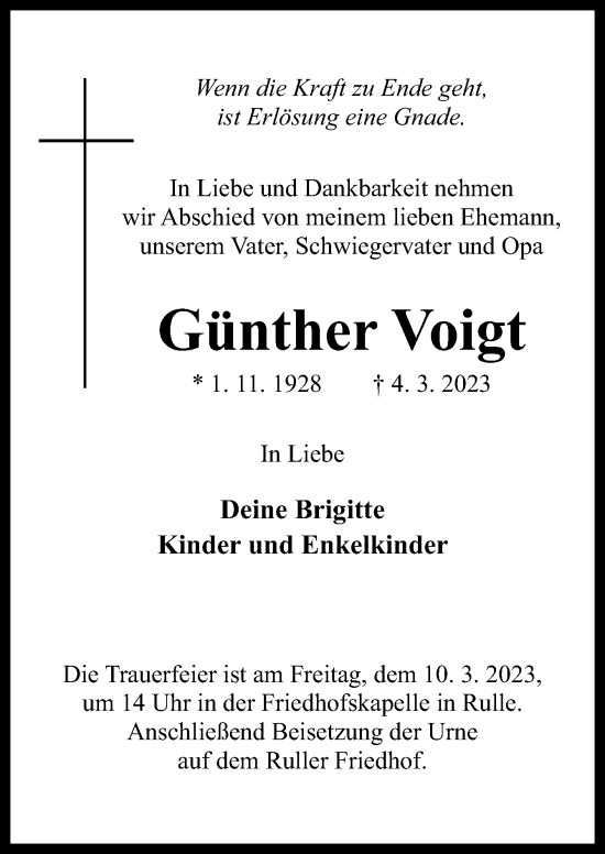 Traueranzeige von Günther Voigt von Neue Osnabrücker Zeitung GmbH & Co. KG