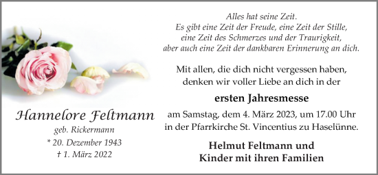 Traueranzeige von Hannelore Feltmann von Neue Osnabrücker Zeitung GmbH & Co. KG