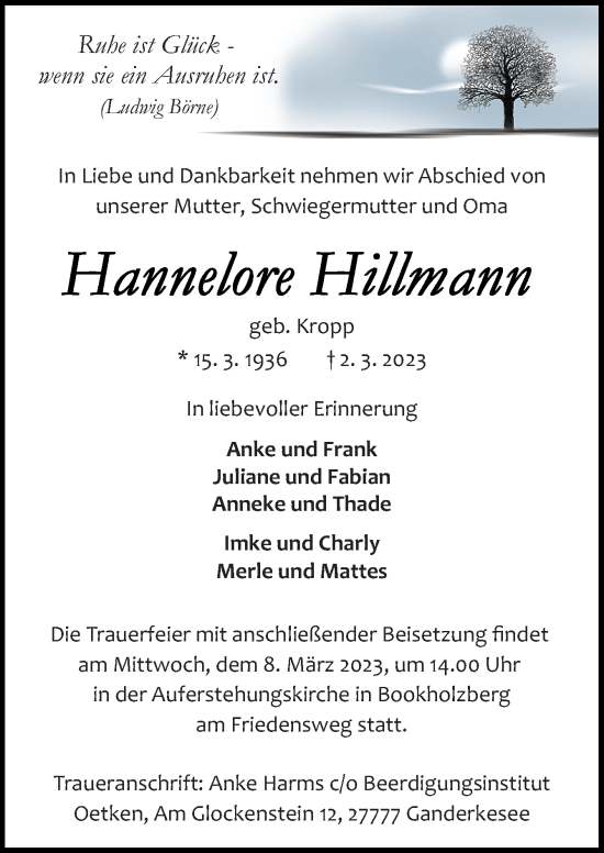 Traueranzeige von Hannelore Hillmann von DK Medien GmbH & Co. KG