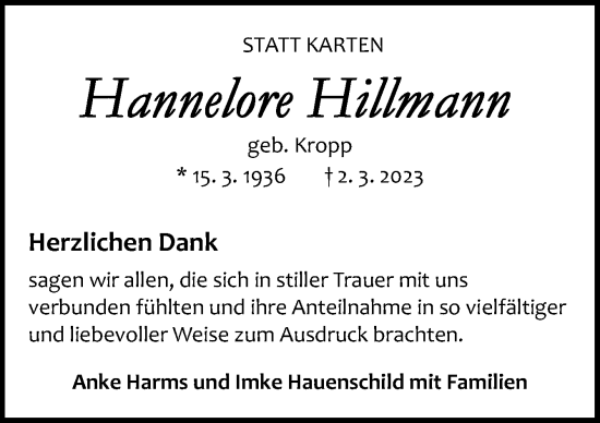 Traueranzeige von Hannelore Hillmann von DK Medien GmbH & Co. KG