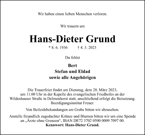 Traueranzeige von Hans-Dieter Grund von DK Medien GmbH & Co. KG