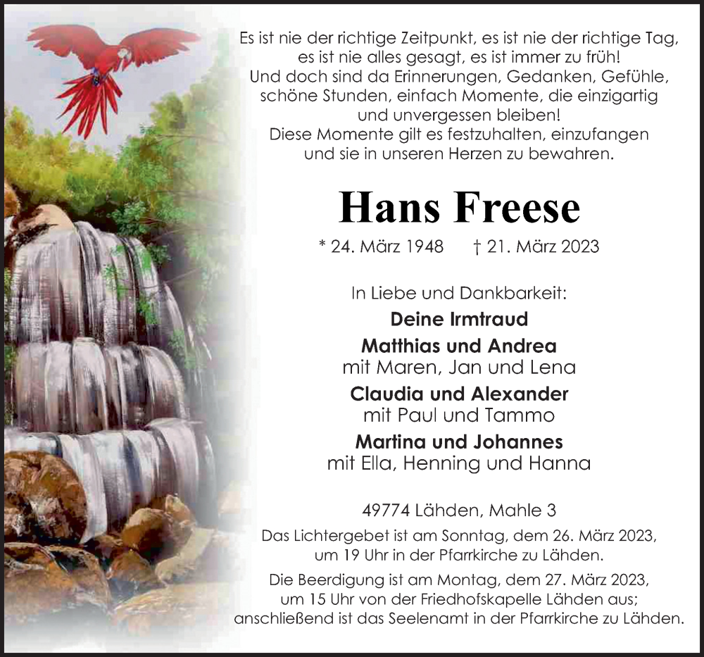  Traueranzeige für Hans Freese vom 23.03.2023 aus Neue Osnabrücker Zeitung GmbH & Co. KG
