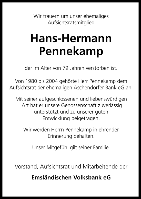 Traueranzeige von Hans-Hermann Pennekamp von Neue Osnabrücker Zeitung GmbH & Co. KG