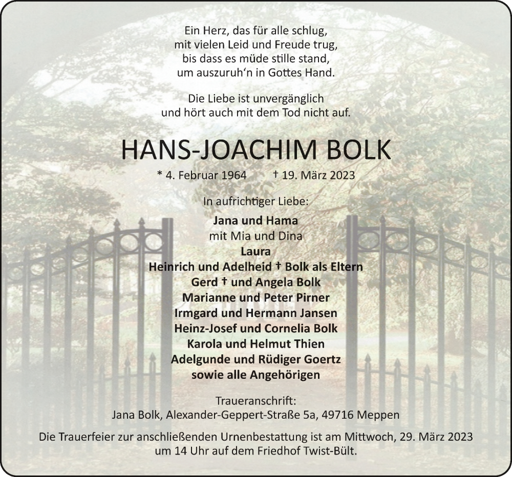  Traueranzeige für Hans-Joachim Bolk vom 25.03.2023 aus Neue Osnabrücker Zeitung GmbH & Co. KG