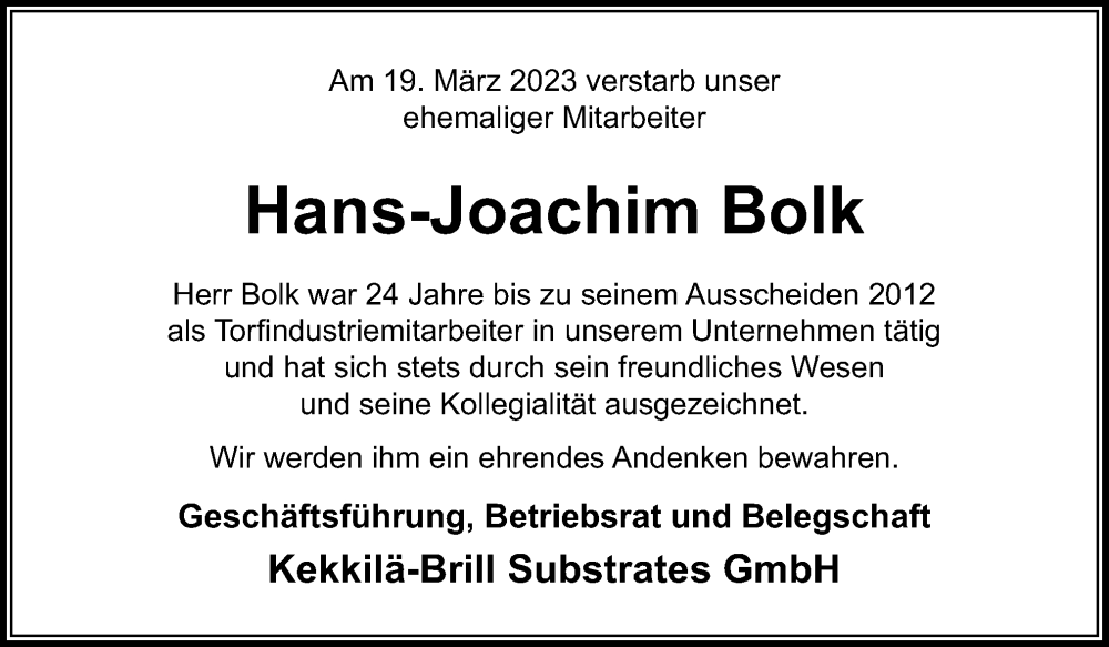  Traueranzeige für Hans-Joachim Bolk vom 29.03.2023 aus Neue Osnabrücker Zeitung GmbH & Co. KG