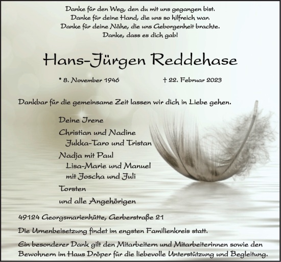 Traueranzeige von Hans-Jürgen Reddehase von Neue Osnabrücker Zeitung GmbH & Co. KG