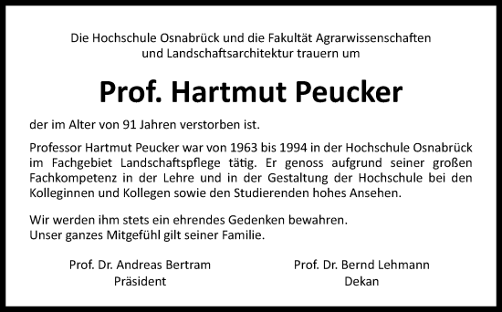 Traueranzeige von Hartmut Peucker von Neue Osnabrücker Zeitung GmbH & Co. KG