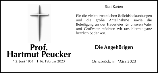 Traueranzeige von Hartmut Peucker von Neue Osnabrücker Zeitung GmbH & Co. KG