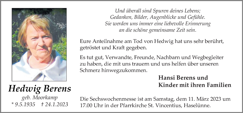  Traueranzeige für Hedwig Berens vom 08.03.2023 aus Neue Osnabrücker Zeitung GmbH & Co. KG