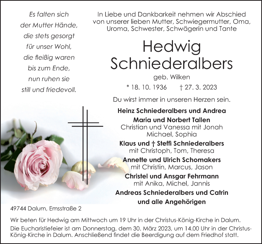  Traueranzeige für Hedwig Schniederalbers vom 29.03.2023 aus Neue Osnabrücker Zeitung GmbH & Co. KG