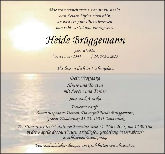 Traueranzeige von Heide Brüggemann von Neue Osnabrücker Zeitung GmbH & Co. KG