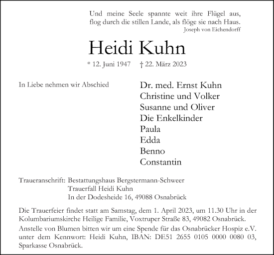 Traueranzeige von Heidi Kuhn von Neue Osnabrücker Zeitung GmbH & Co. KG