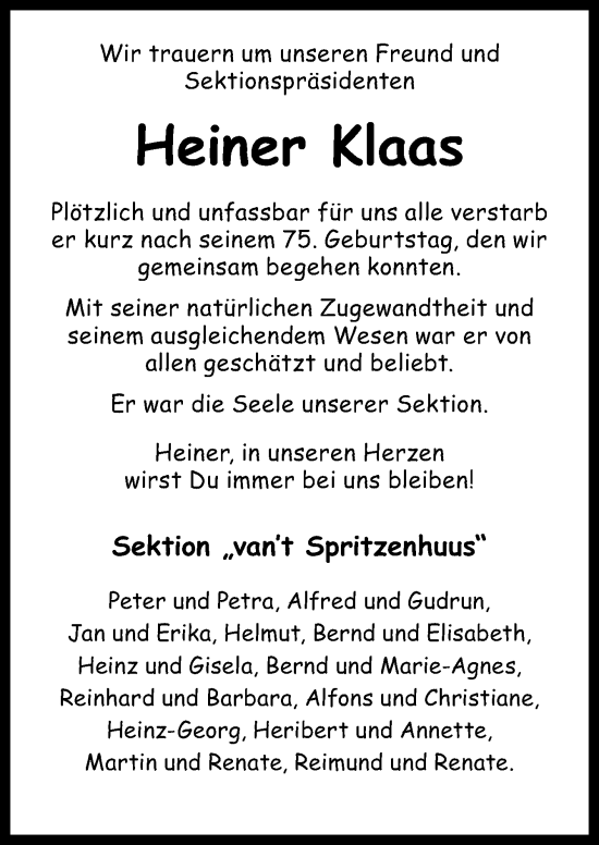 Traueranzeige von Heiner Klaas von Neue Osnabrücker Zeitung GmbH & Co. KG