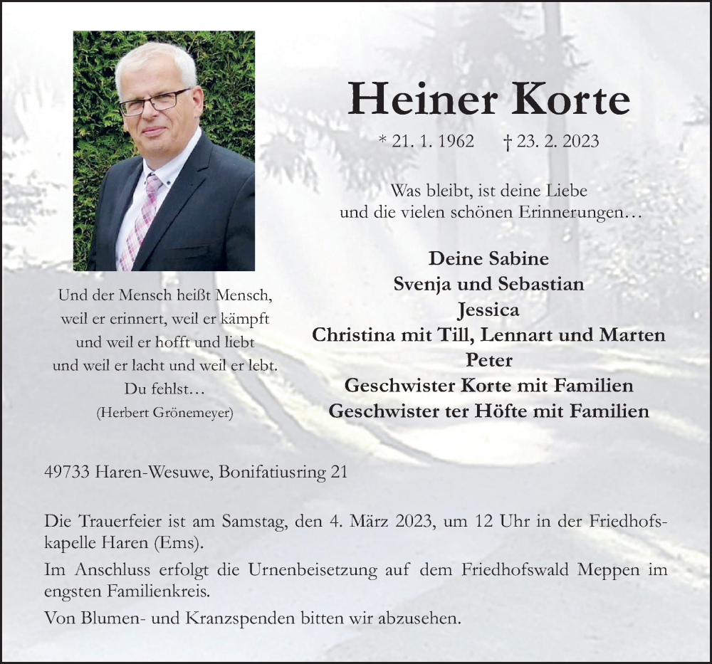  Traueranzeige für Heiner Korte vom 01.03.2023 aus Neue Osnabrücker Zeitung GmbH & Co. KG