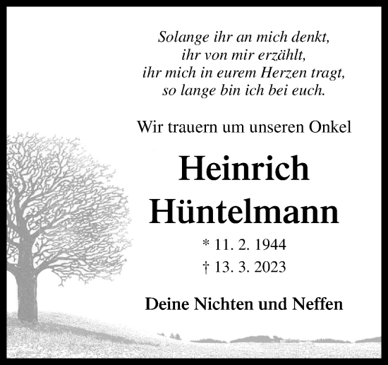 Traueranzeige von Heinrich Hüntelmann von Neue Osnabrücker Zeitung GmbH & Co. KG