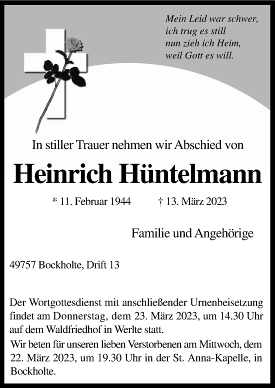 Traueranzeige von Heinrich Hüntelmann von Neue Osnabrücker Zeitung GmbH & Co. KG