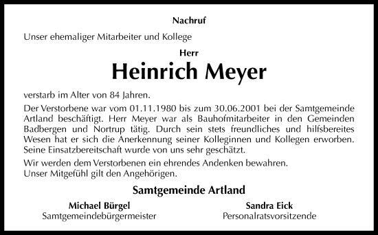 Traueranzeige von Heinrich Meyer von Neue Osnabrücker Zeitung GmbH & Co. KG