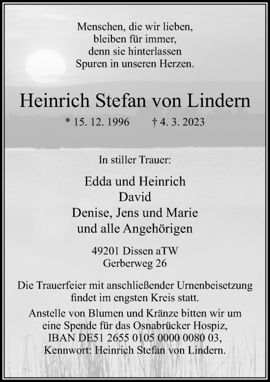 Traueranzeige von Heinrich Stefan von Lindern von Neue Osnabrücker Zeitung GmbH & Co. KG