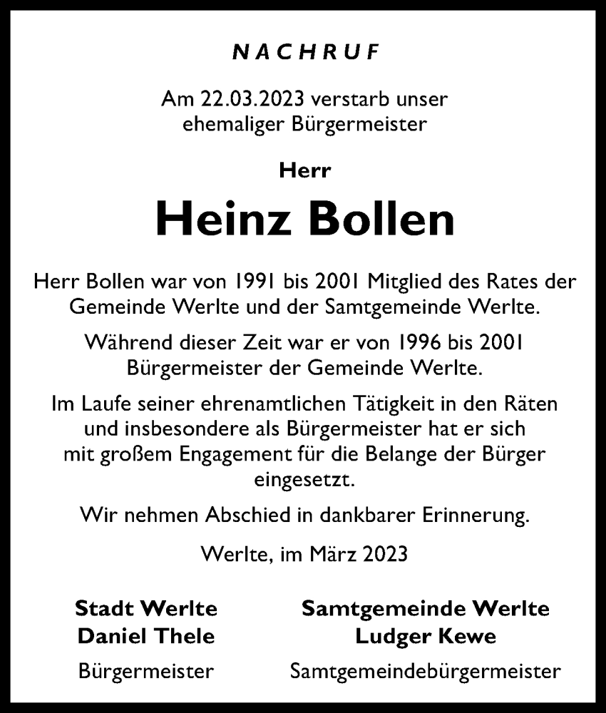  Traueranzeige für Heinz Bollen vom 30.03.2023 aus Neue Osnabrücker Zeitung GmbH & Co. KG