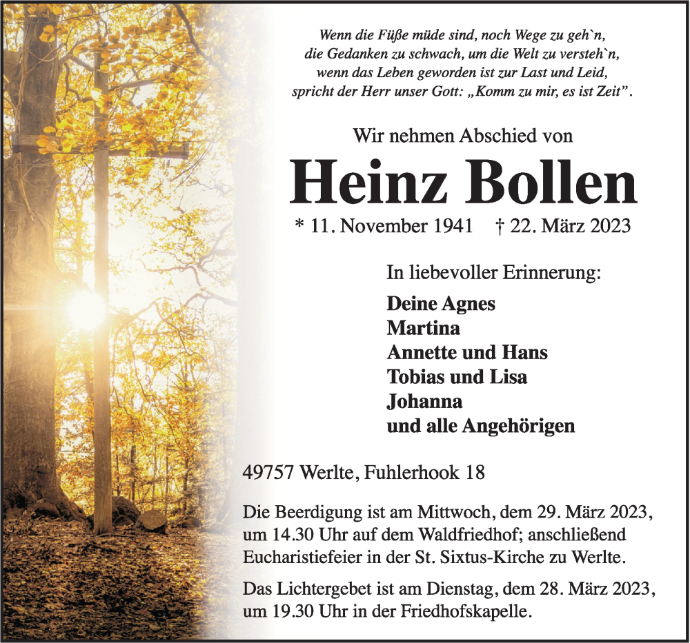  Traueranzeige für Heinz Bollen vom 25.03.2023 aus Neue Osnabrücker Zeitung GmbH & Co. KG