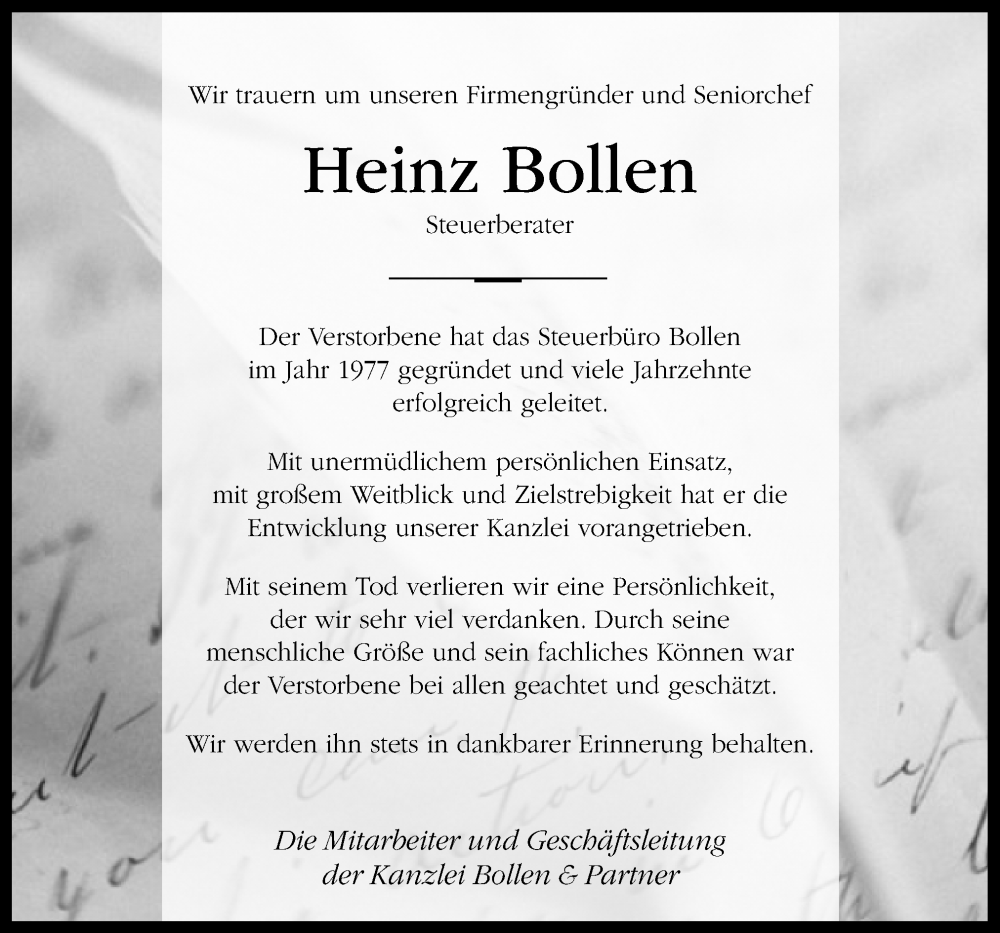  Traueranzeige für Heinz Bollen vom 29.03.2023 aus Neue Osnabrücker Zeitung GmbH & Co. KG