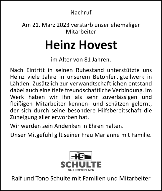 Traueranzeige von Heinz Hovest von Neue Osnabrücker Zeitung GmbH & Co. KG