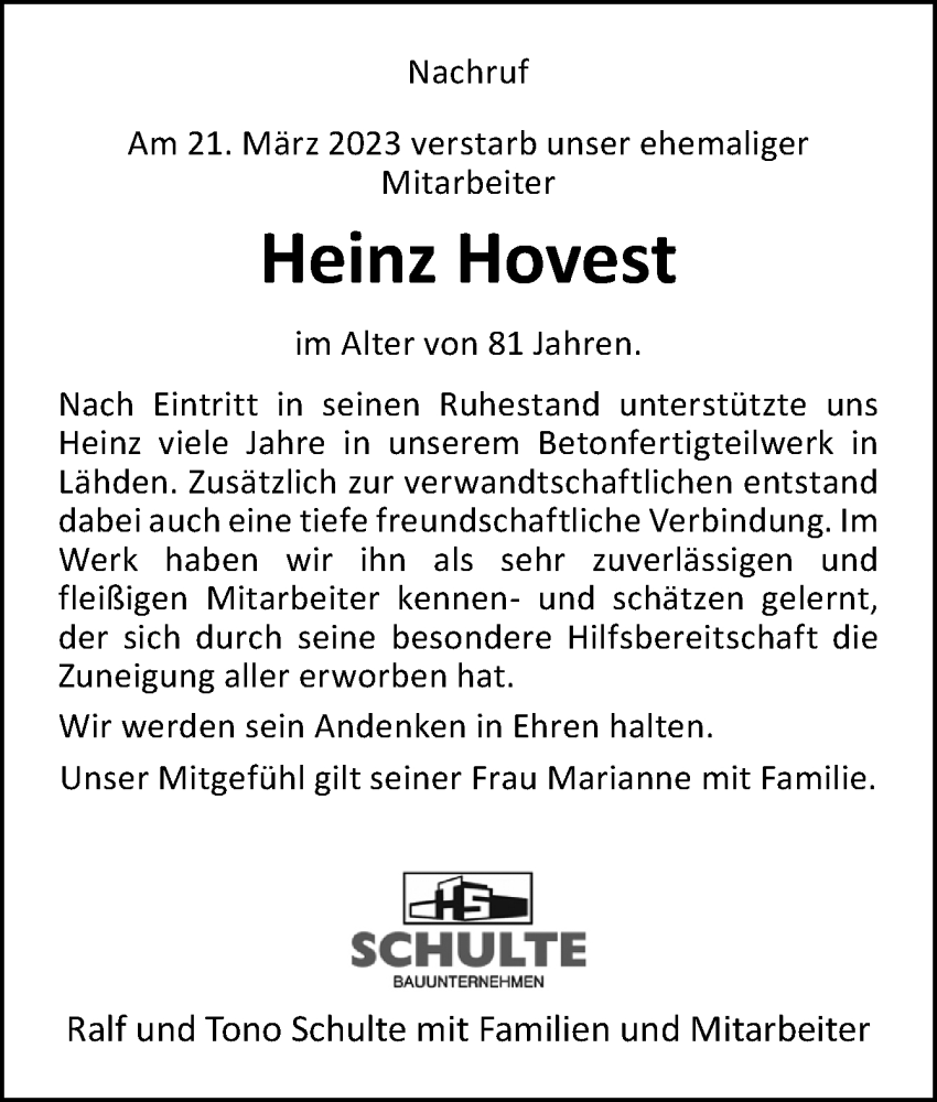  Traueranzeige für Heinz Hovest vom 25.03.2023 aus Neue Osnabrücker Zeitung GmbH & Co. KG