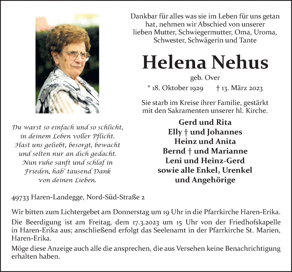  Traueranzeige für Helena Nehus vom 15.03.2023 aus Neue Osnabrücker Zeitung GmbH & Co. KG