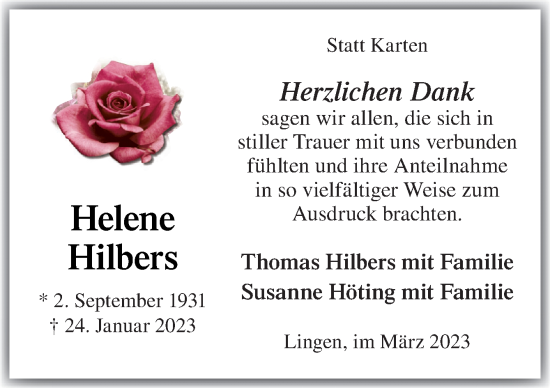 Traueranzeige von Helene Hilbers von Neue Osnabrücker Zeitung GmbH & Co. KG