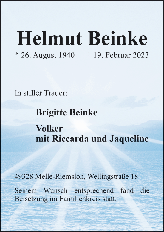 Traueranzeige von Helmut Beinke von Neue Osnabrücker Zeitung GmbH & Co. KG