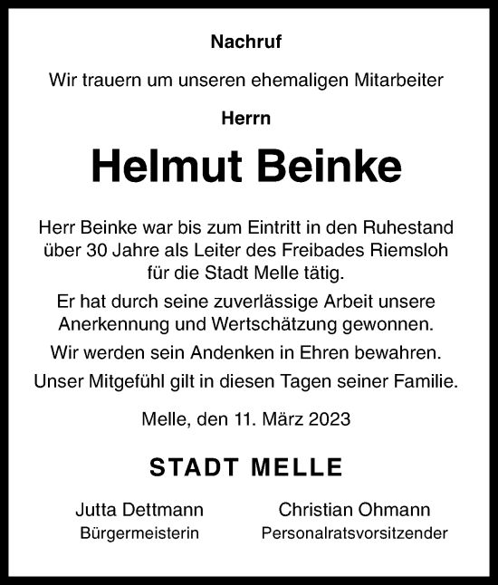 Traueranzeige von Helmut Beinke von Neue Osnabrücker Zeitung GmbH & Co. KG