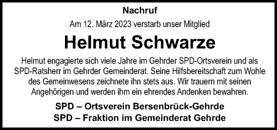 Traueranzeige von Helmut Schwarze von Neue Osnabrücker Zeitung GmbH & Co. KG